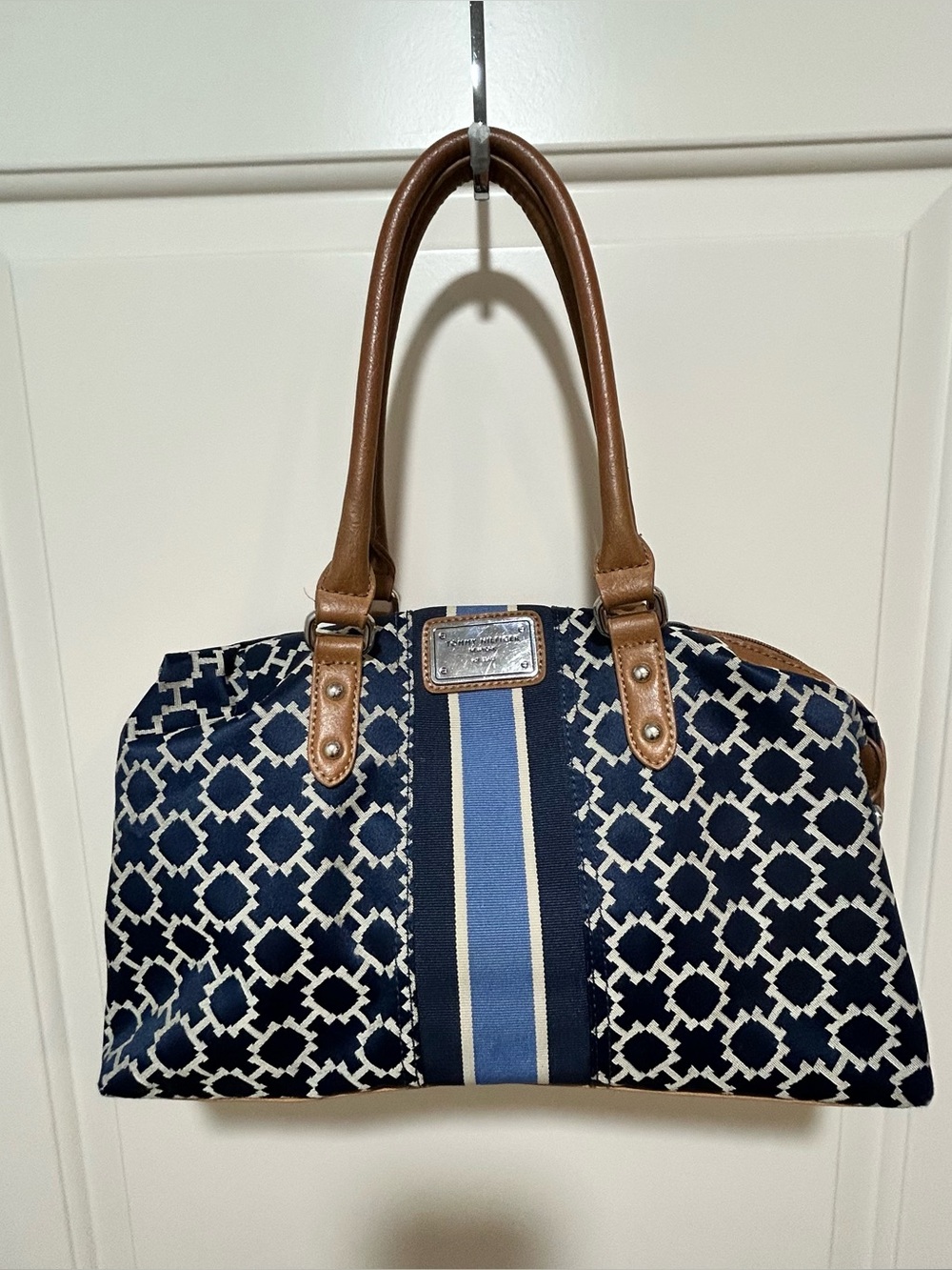 Tommy Hilfiger Navy Geometric Satchel handbag with Brown Handles. Nice